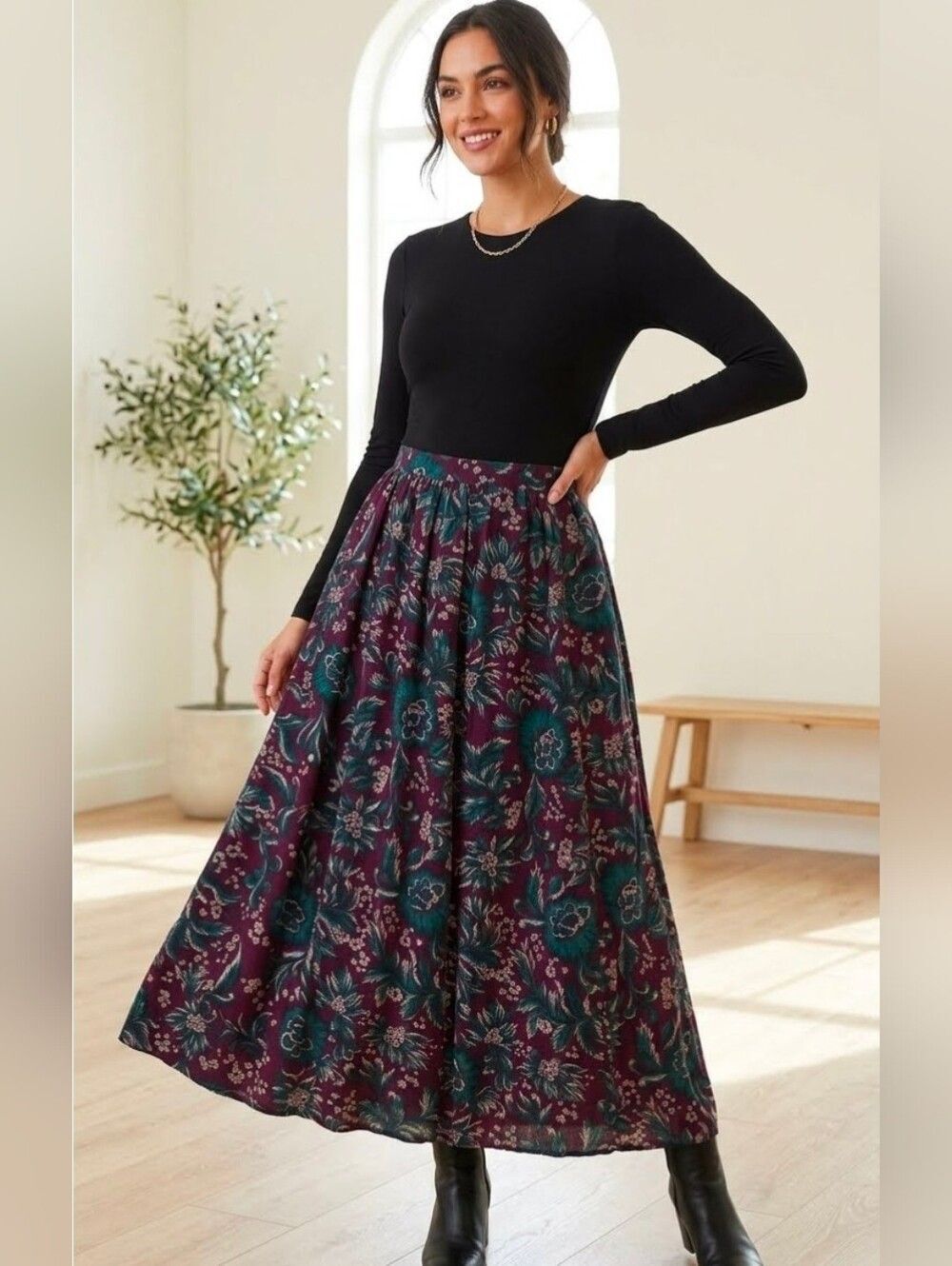 VTG Liz Baker Essentials M Floral 100% Rayon Purple Teal Boho 90s Maxi Skirt